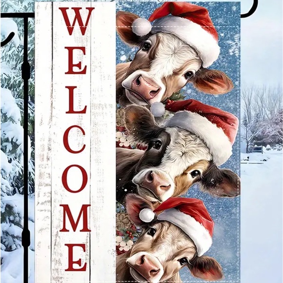 NIP 1pc, 12x18”  “Welcome” Cows in Santa Hats Flag Burlap, Double Sided - Picture 2 of 3